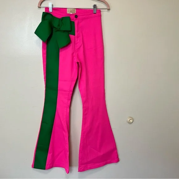 Judith March Pink Wide Leg Jeans with Green Side Stripe. Medium. NWOT - Picture 4 of 9